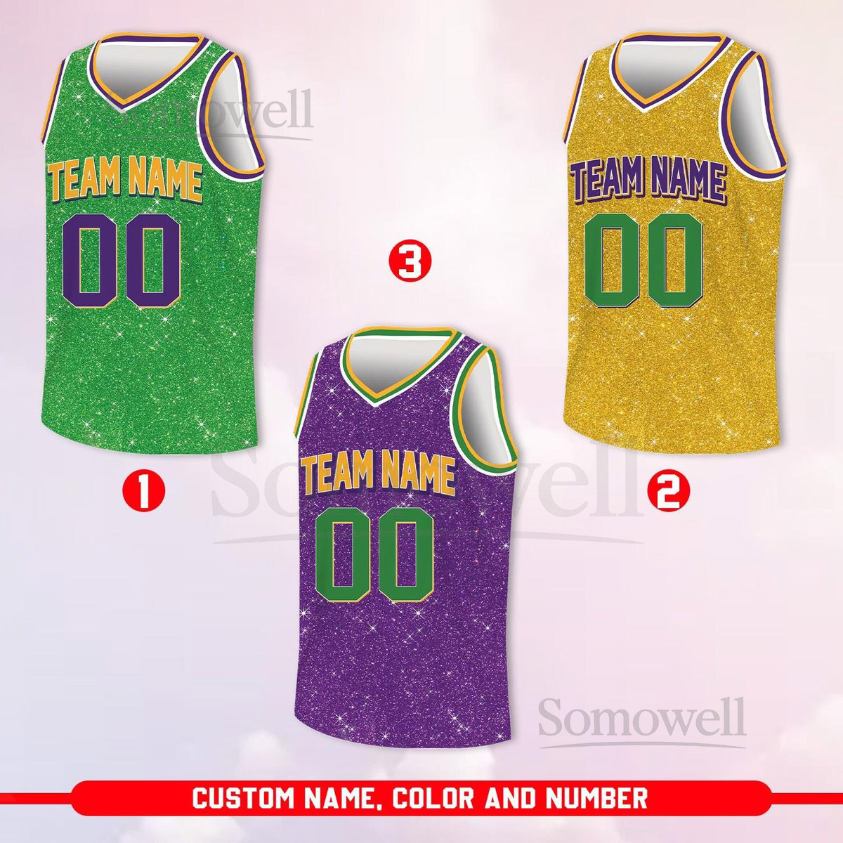 Custom Glitter Mardi Gras Basketball Jersey Team Name Number Basketball Jersey Team Basketball Jersey for Mardi Gras Printed Glitter_169