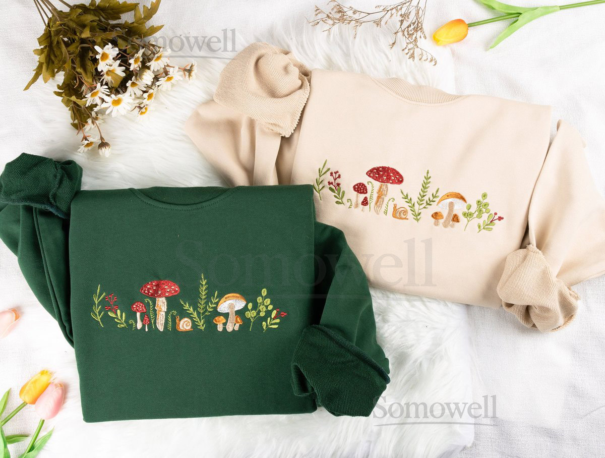 Mushrooms Embroidered Sweatshirt Mushrooms Embroidered T-shirt Mushrooms Embroidered Hoodie Mushrooms Sweater Crew Neck Sweatshirt_127