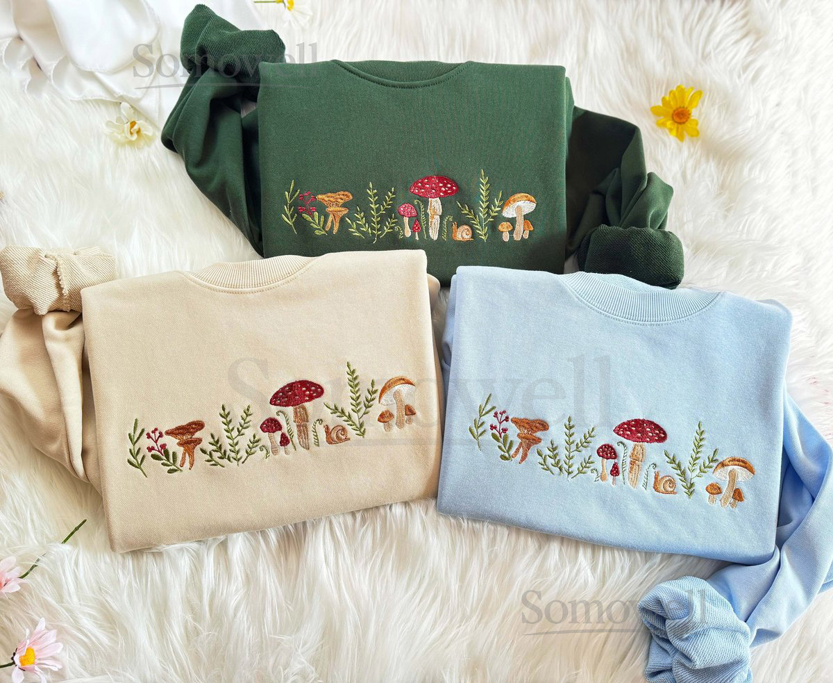 Embroidered Mushroom Sweatshirt Cottagecore Botany Crewneck 100 Cotton Unisex Sweatshirt_90