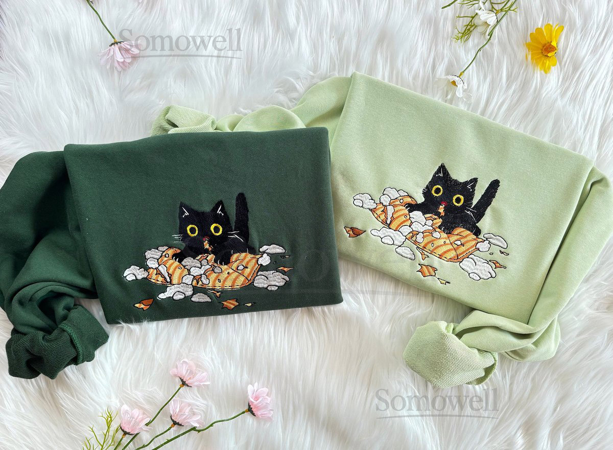 Embroidered Cat Play Pillow Sweatshirt Cute Cat Embroidered Hoodie Embroidery Cat T-shirt Embroidered Cute Cat Crew Neck Sweatshirt_61