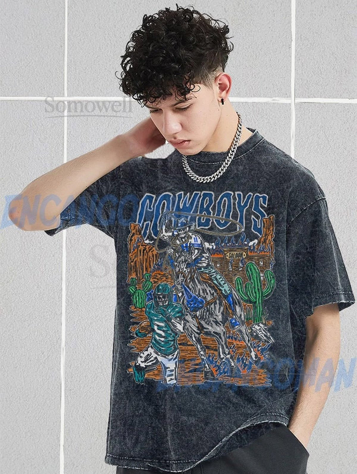 Vintage Wash Dallas Football Skeleton Graphic T-shirt_603