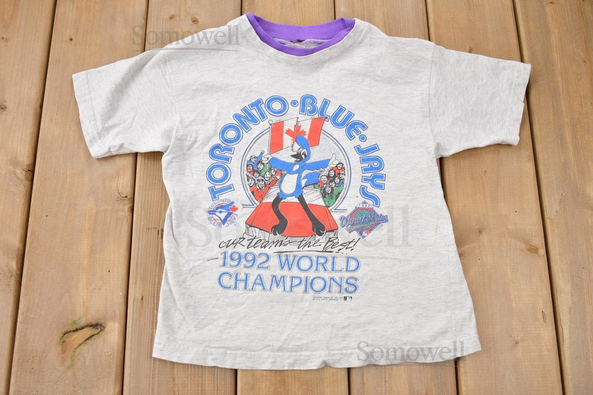 Vintage 1992 Kids Toronto Blue Jays MLB Ringer Graphic T-shirt Single Stitch Made In USA Rare Vintage Rare MLB Graphic_976