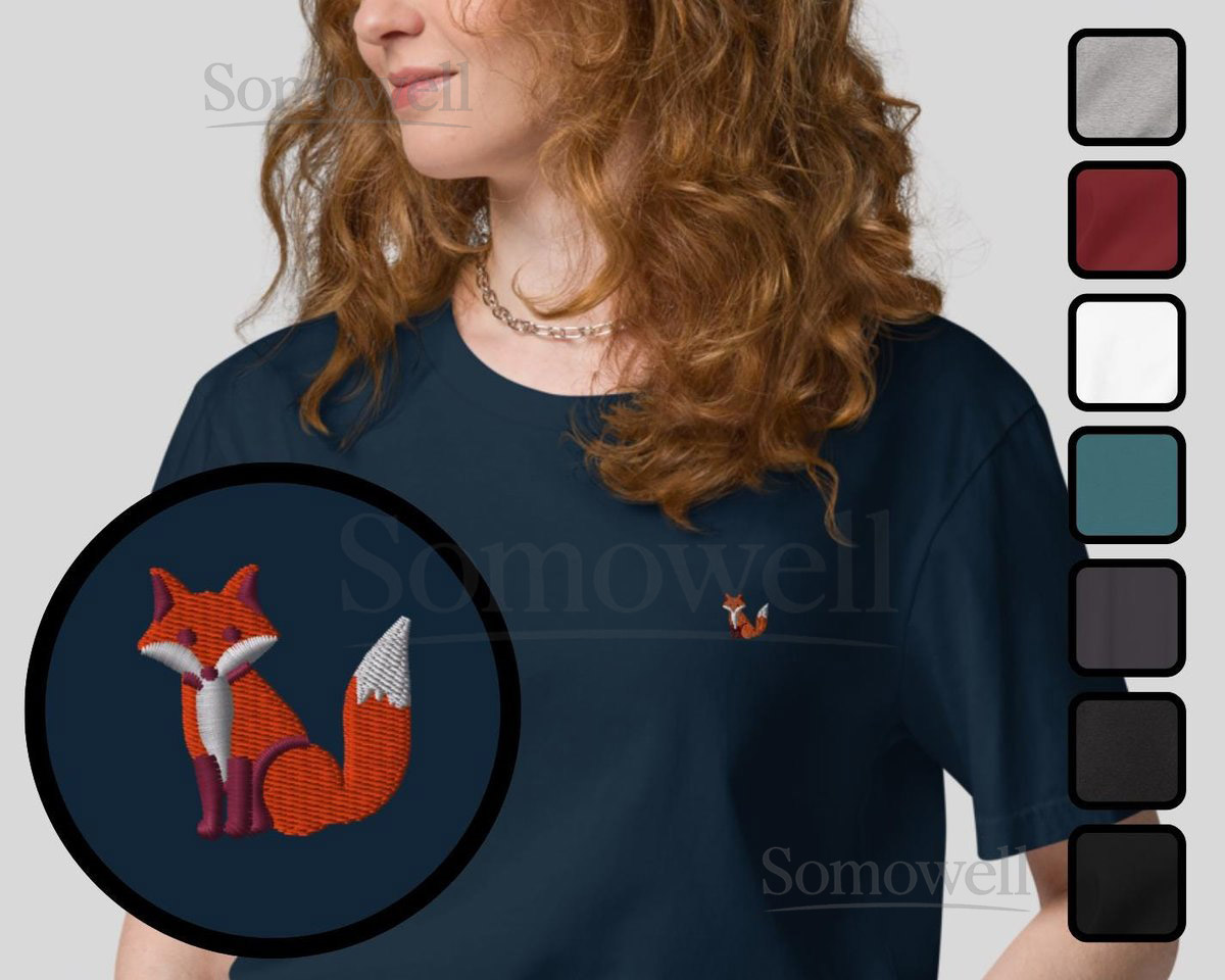 Fox Organic Embroidered Unisex T-Shirt Minimal Animal Design_116