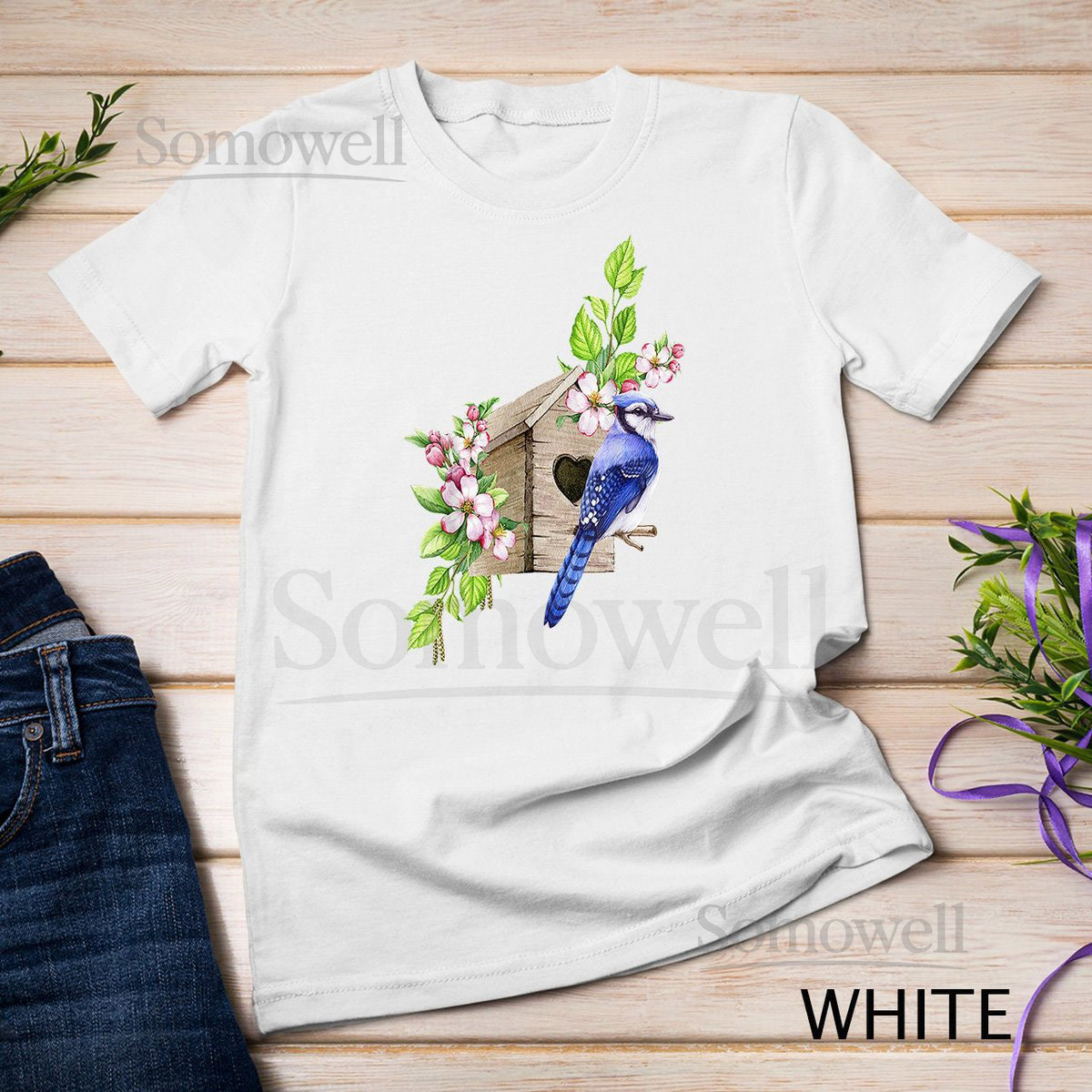 Blue Jay Bird Birdhouse And Pink Blossoms Bird Watching T-Shirt Sweatshirt_88