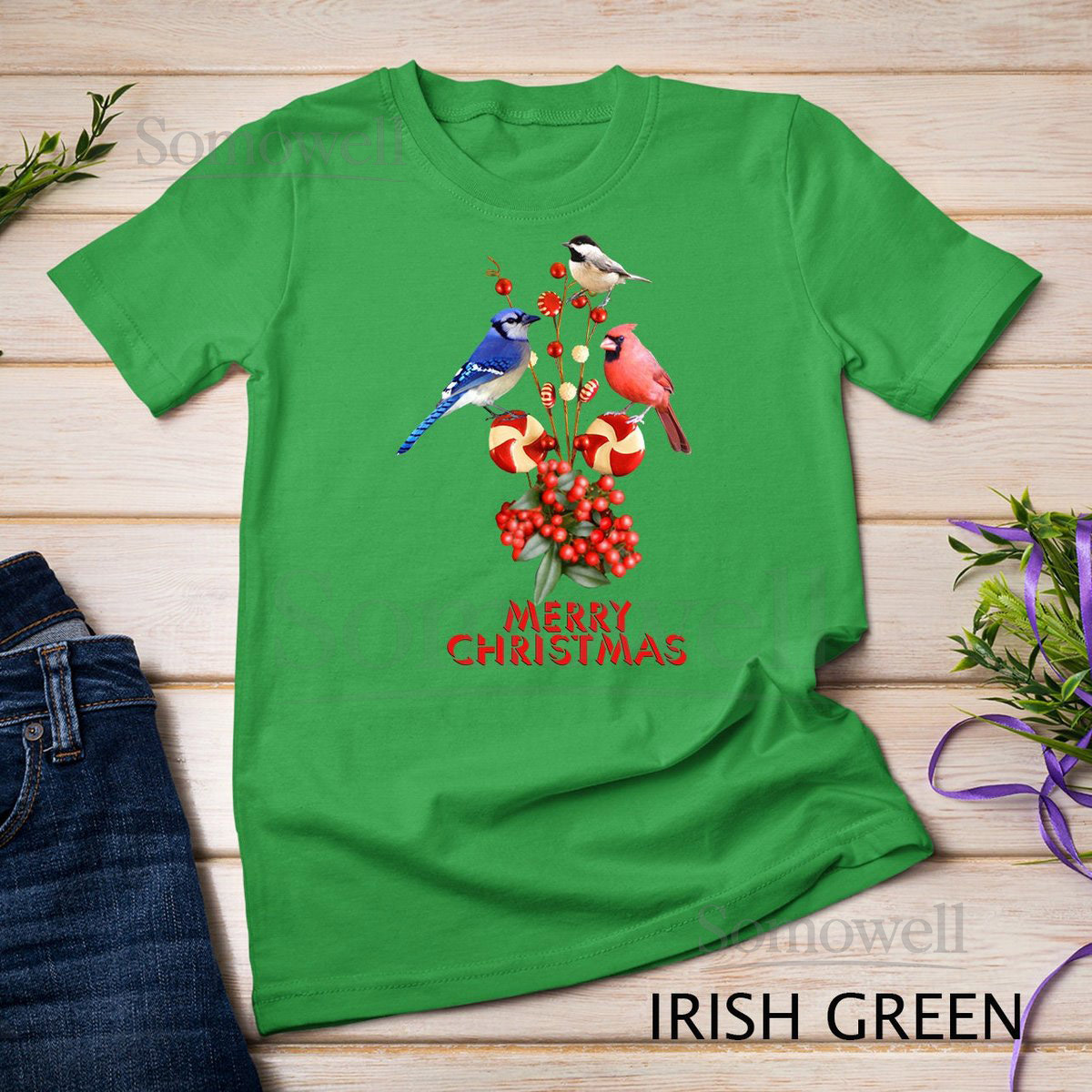 Merry Christmas Cardinal Blue Jay and Chickadee T-Shirt Sweatshirt_676