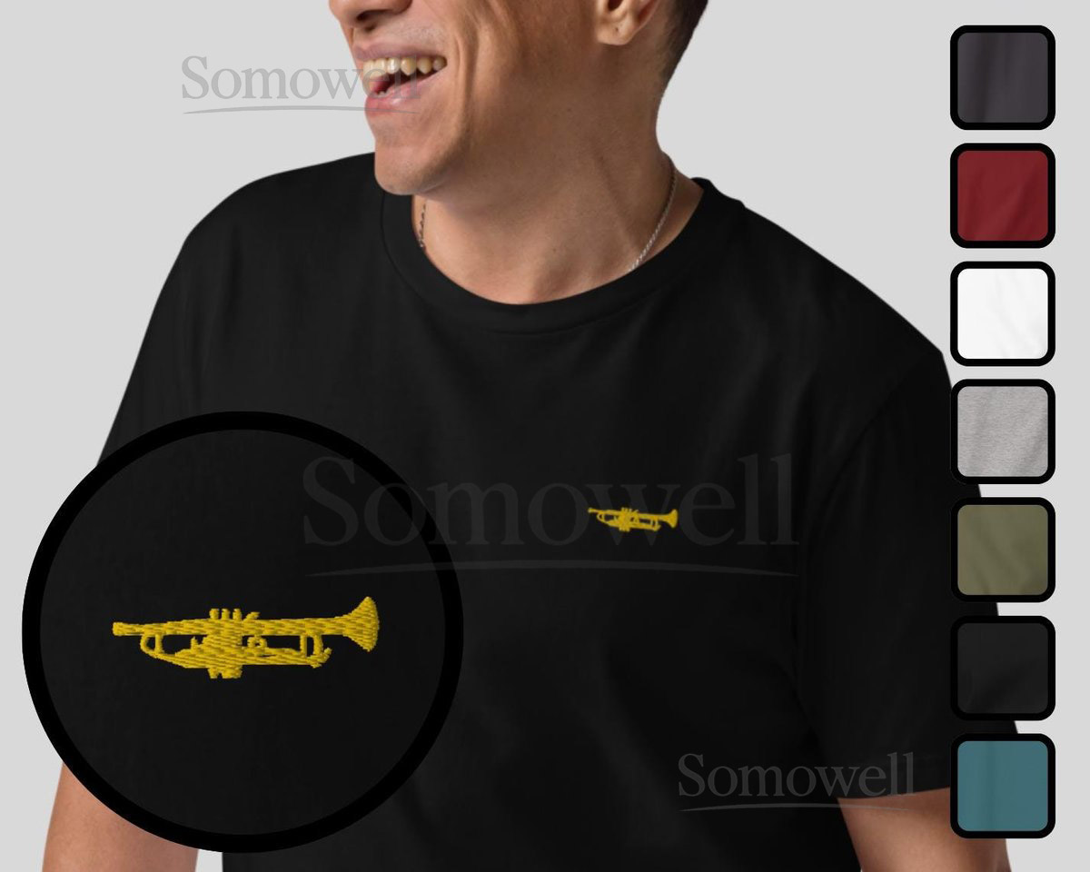 Trumpet Organic Embroidered Unisex T-Shirt Minimal Music Design_174