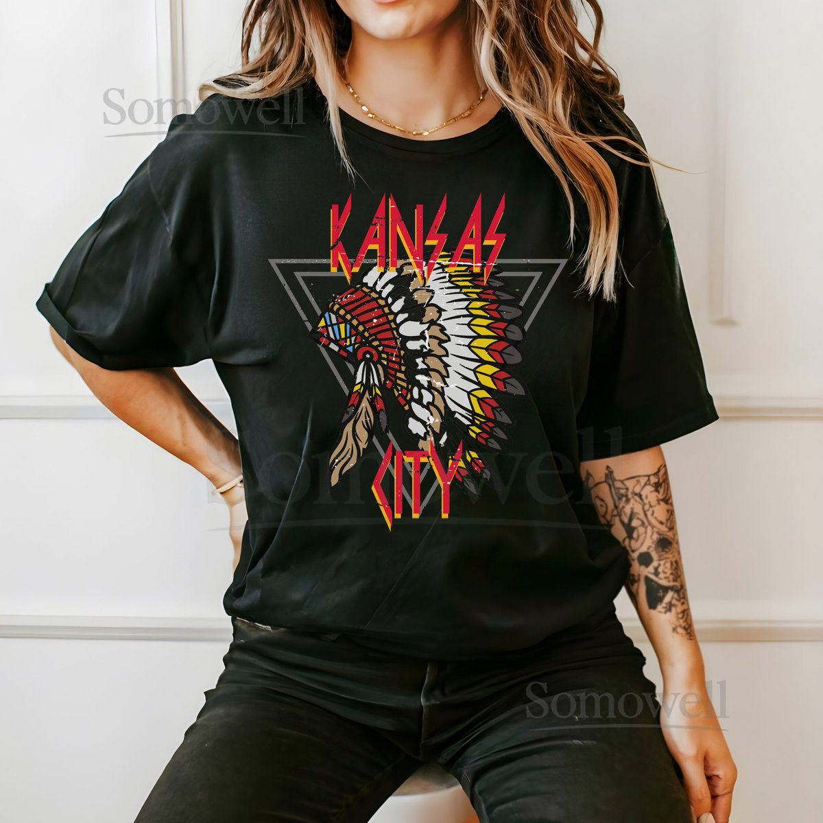 KC Chiefs Shirt Cozy KC Football Shirt with Distressed Headdress Print Kansas City Shirt Retro Design_474