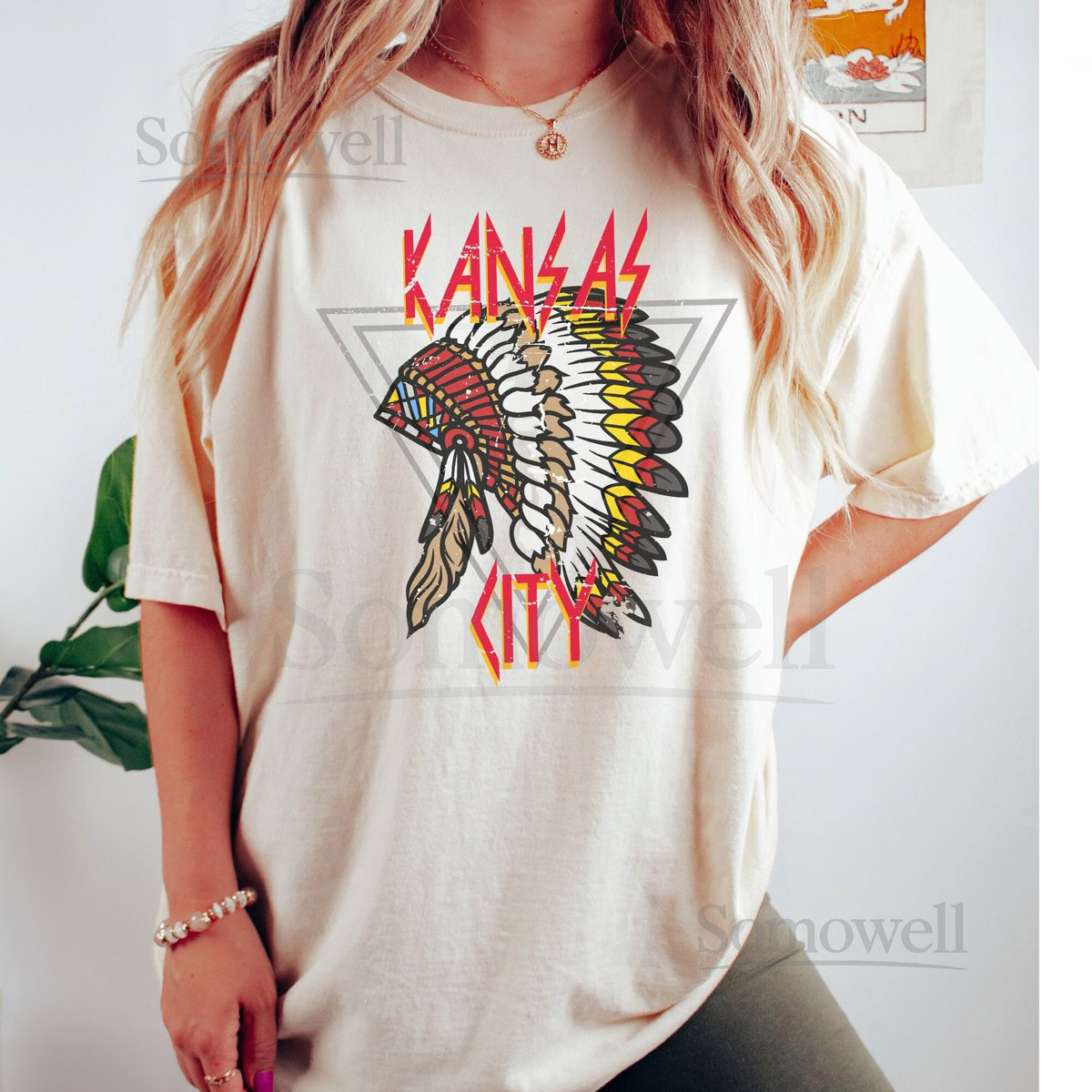 KC Chiefs Shirt Cozy KC Football Shirt with Distressed Headdress Print Kansas City Shirt Retro Design_475