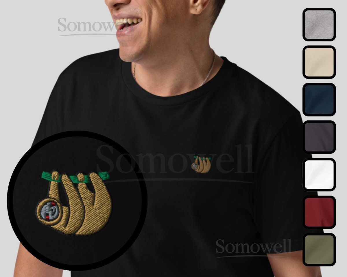 Sloth Organic Embroidered T-Shirt Minimal Animal Design_167