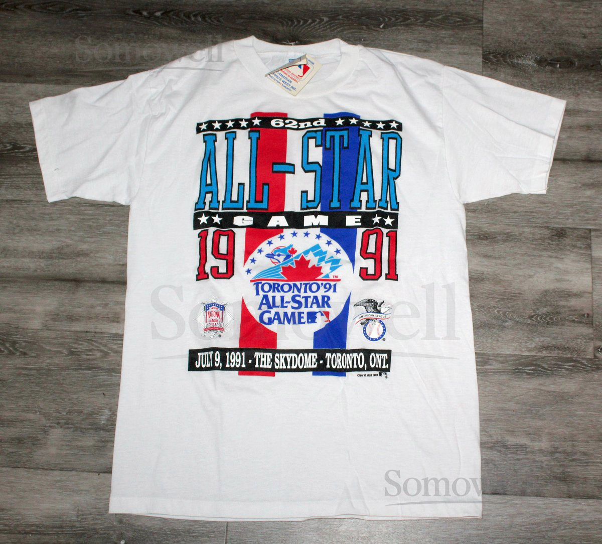 Vintage 80s 90s Clothing MLB Toronto Blue Jays Baseball 1991 All Star Game Canada Men Size Small Retro Logo Print NWT Short Sleeve T Shirt_1010