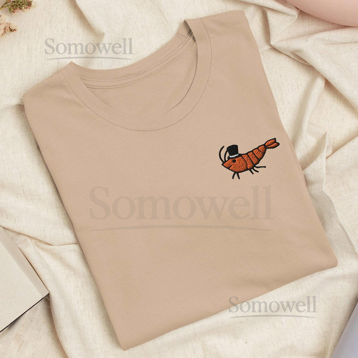 Shrimp with Top Hat Embroidered T-Shirt Lightweight Cotton Unisex Fit_163