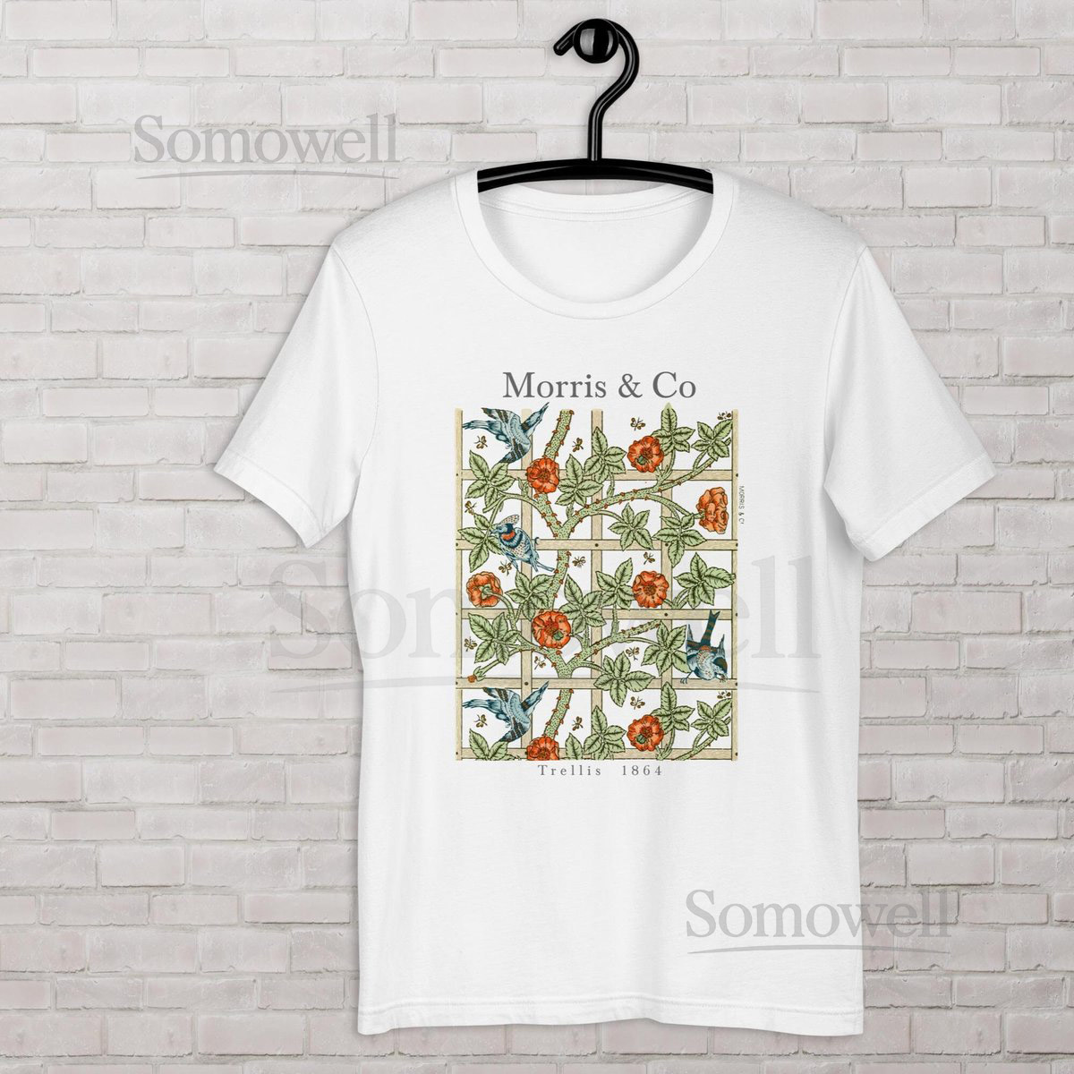 UnisexT-Shirt design William Morris Trellis Pattern Blue Birds and Pink Roses bush Vintage flowers shirt Cottagecore Tee plants Tee_955