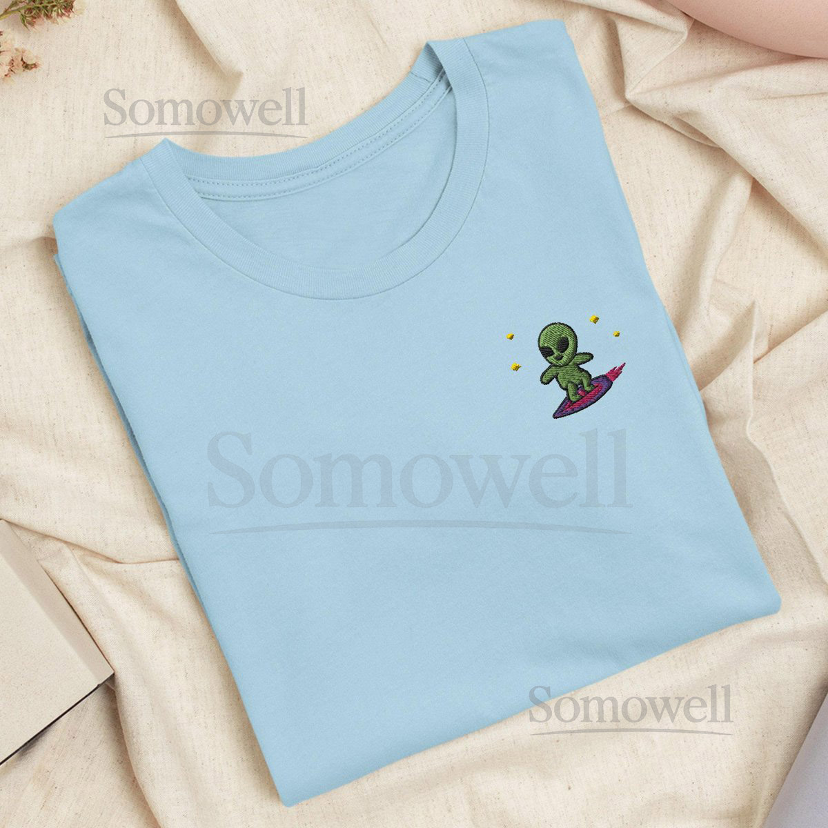 Little Green Alien Surfer Embroidered T-Shirt Lightweight Cotton Unisex Fit_139