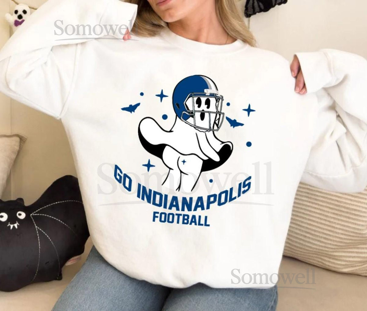 Go Indianapolis Football Funny Ghost Sweatshirt Indianapolis Football Team Spooky Season Hoodie Football Retro Shirt Halloween Swea_166