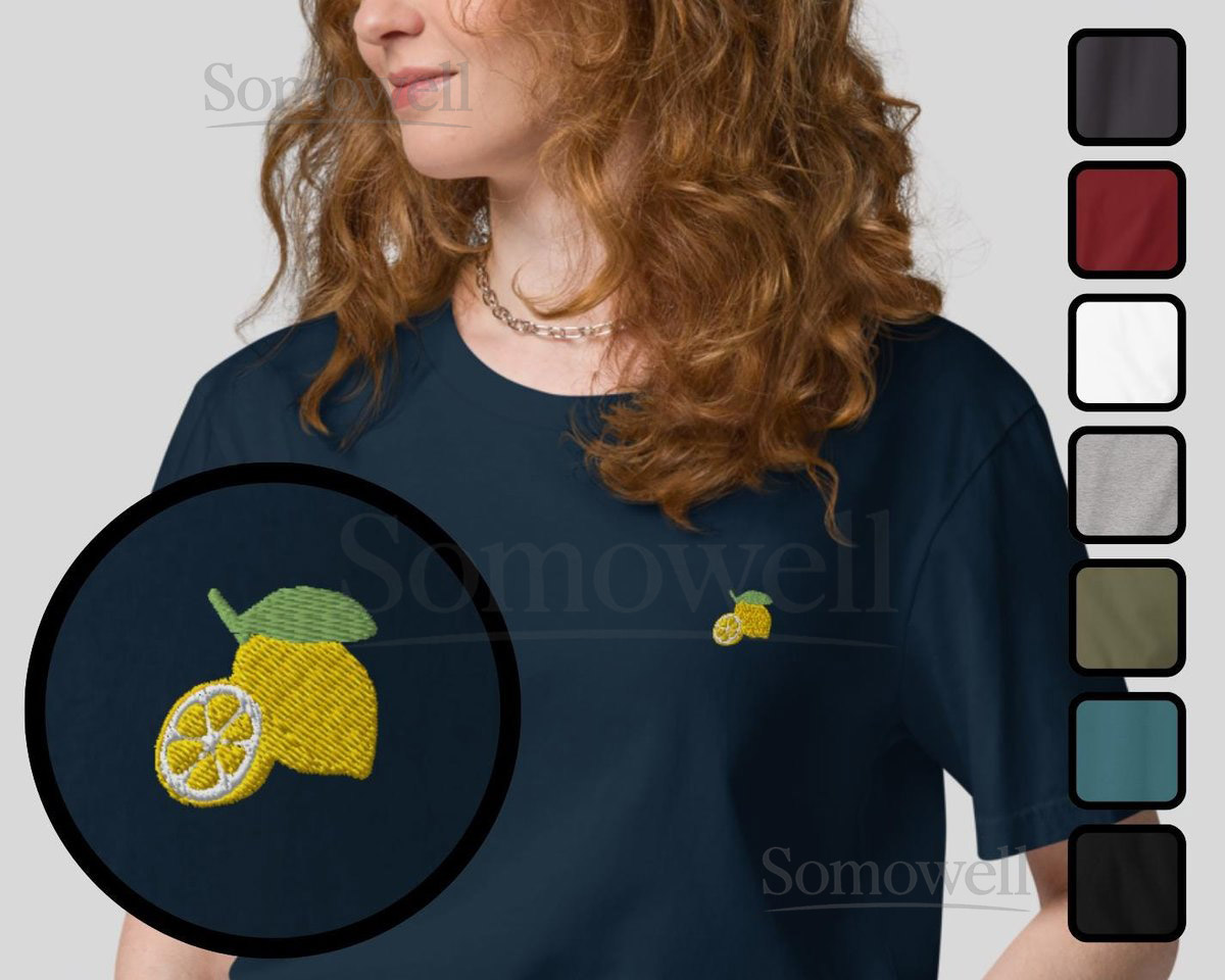 Lemon Organic Embroidered Unisex T-Shirt Minimal Fruit Design_137