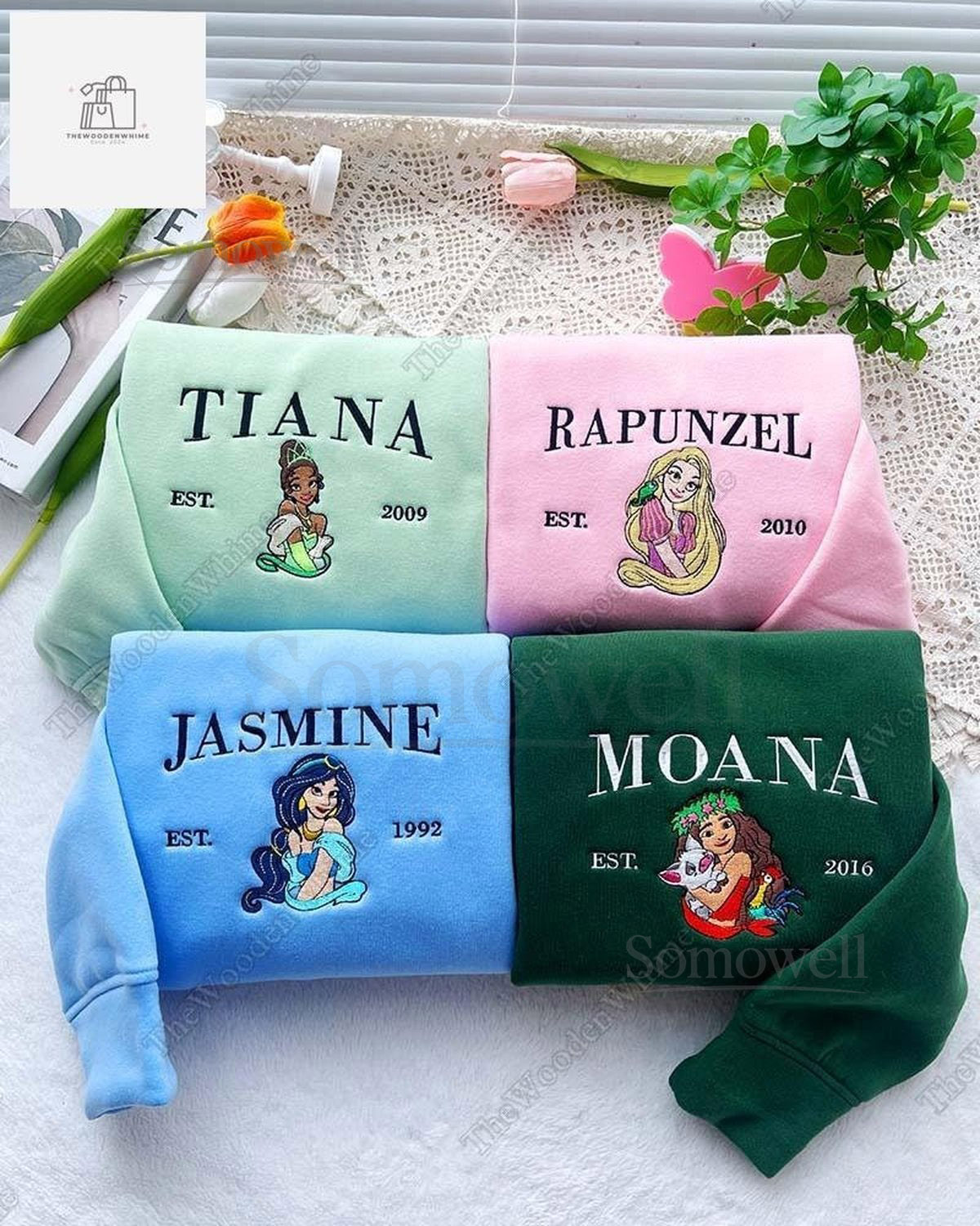 Disney Princess Embroidered Sweatshirt Tiana Rapunzel Jasmine Moana Embroidered Hoodie Disney Embroidery ShirtDisney Character Shirt_46