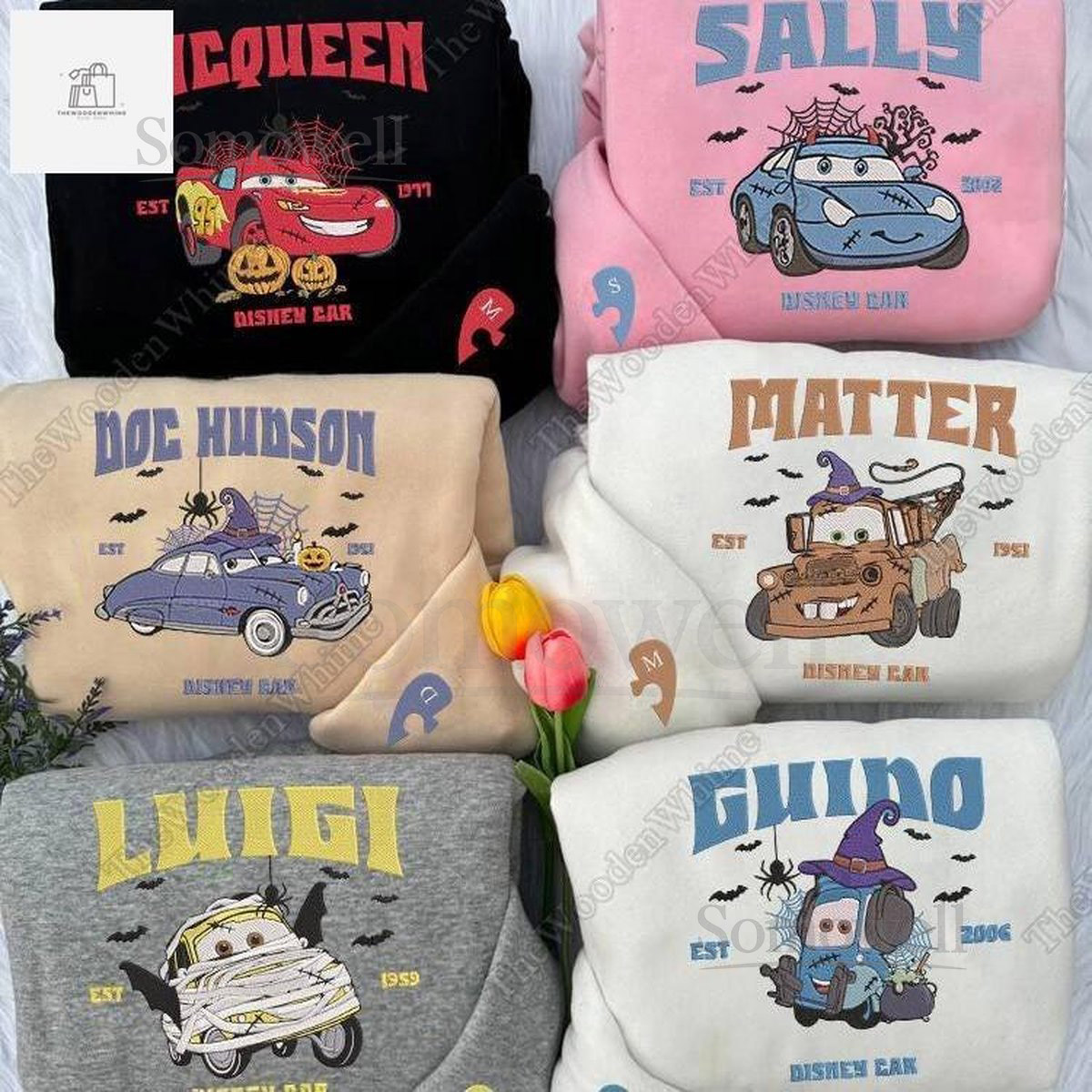 Disney Pixar Cars Characters Embroidered Sweatshirt Halloween Lightning Mcqueen Sally Mater Luigi Guido Hudson Hicks Embroidery Hoodie_45