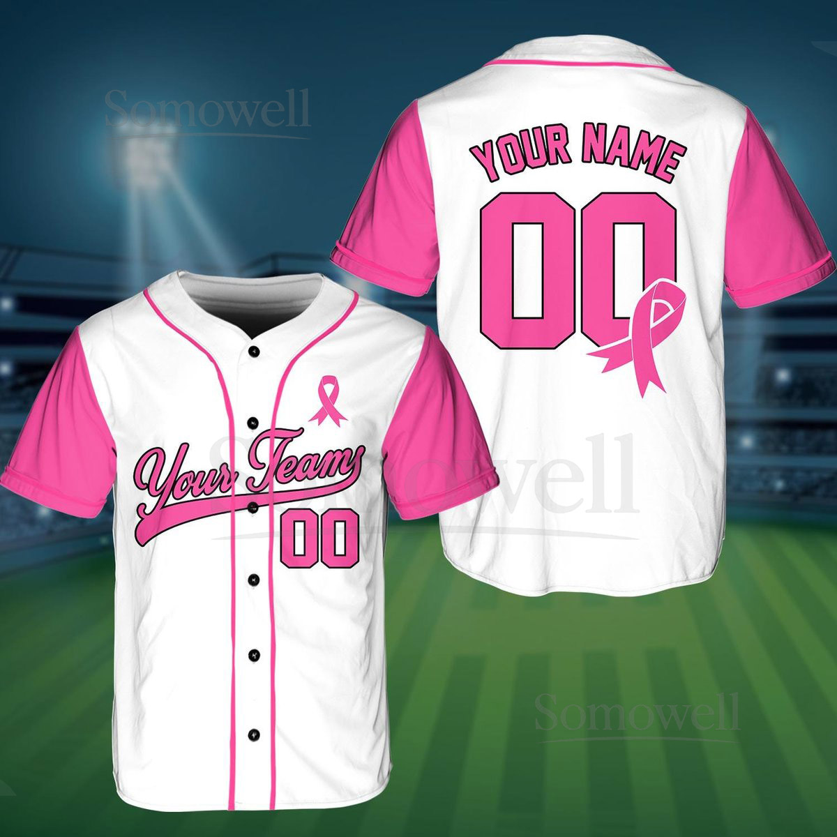 Personalized Breast Cancer Team Name And Number Baseball Jersey Custom Pink Ribbon Baseball Jersey Shirt Breast Cancer Warrior Jersey_045