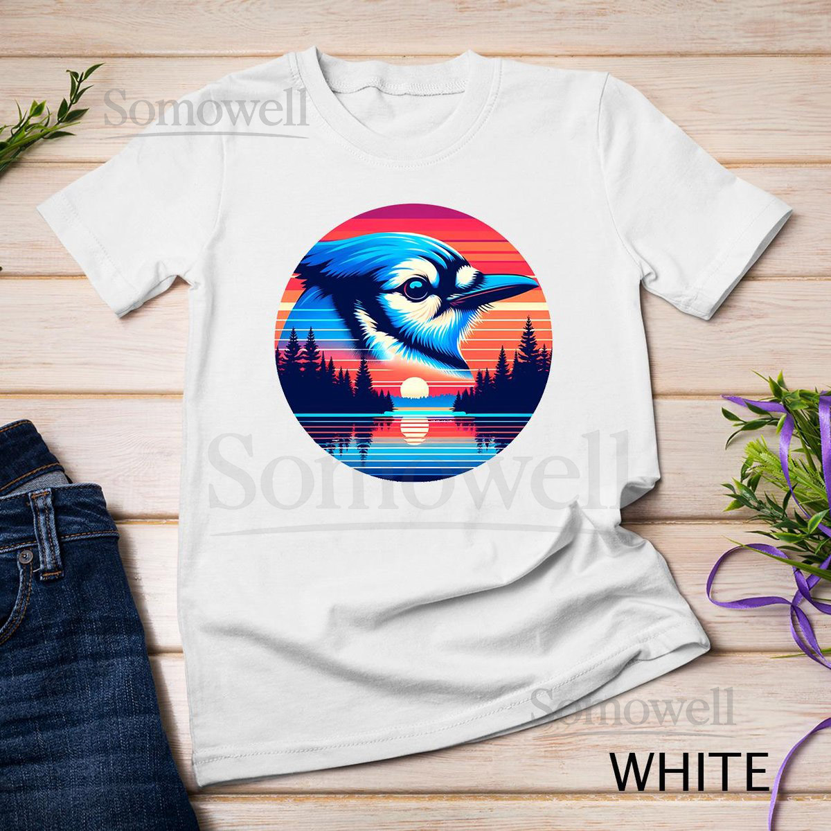 Blue Jay Bird Sunset Retro Style Safari Vintage 70s T-Shirt Sweatshirt_94