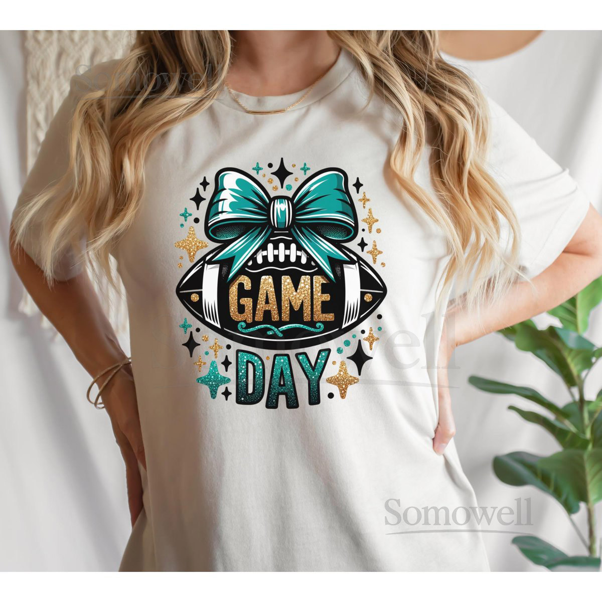 Game Day T-Shirt Jaguar Football Fan Shirt Teal Black Gold Bow _155