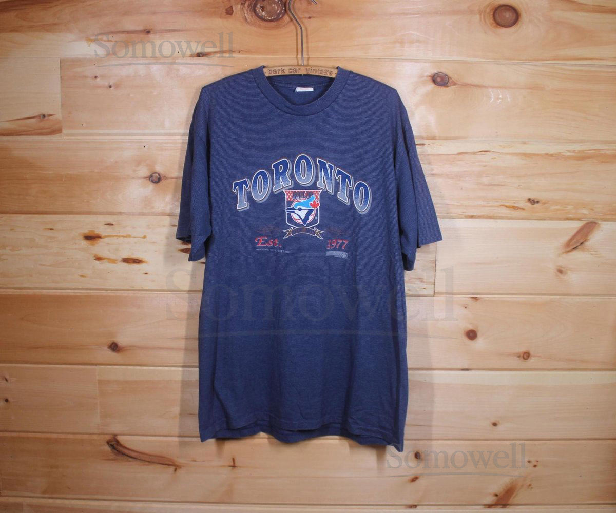 Vintage 1992 Toronto Blue Jays Trench Canada MLB Baseball Blue Single Stitch T-Shirt Adult Size XL_396