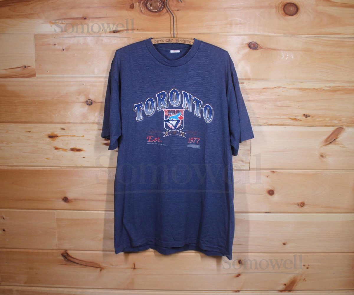 Vintage 1992 Toronto Blue Jays Trench Canada MLB Baseball Blue Single Stitch T-Shirt Adult Size XL_985