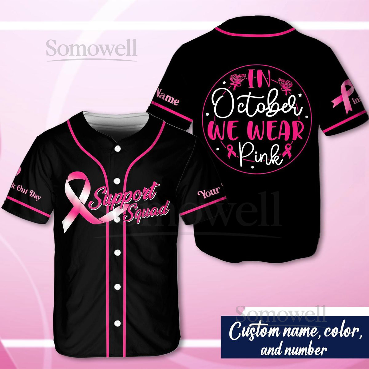Personalized Breast Cancer Name And Number Baseball Jersey Custom Support Squad Baseball Jersey Pink Ribbon Breast Cancer Warrior Jersey_040