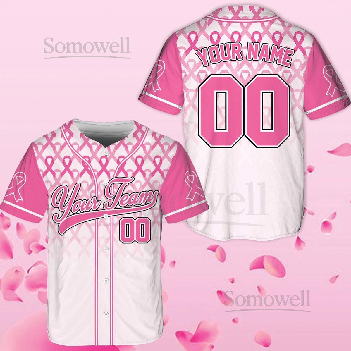 Personalized Breast Cancer Team Name And Number Baseball Jersey Custom Pink Ribbon Baseball Jersey Shirt Breast Cancer Warrior Jersey_046
