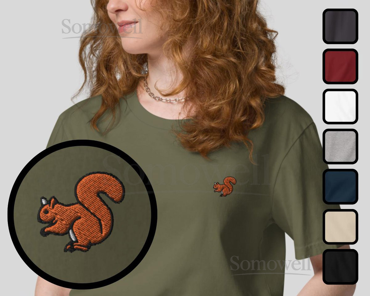 Squirrel Organic Embroidered Unisex T-Shirt Minimal Animal Design_168