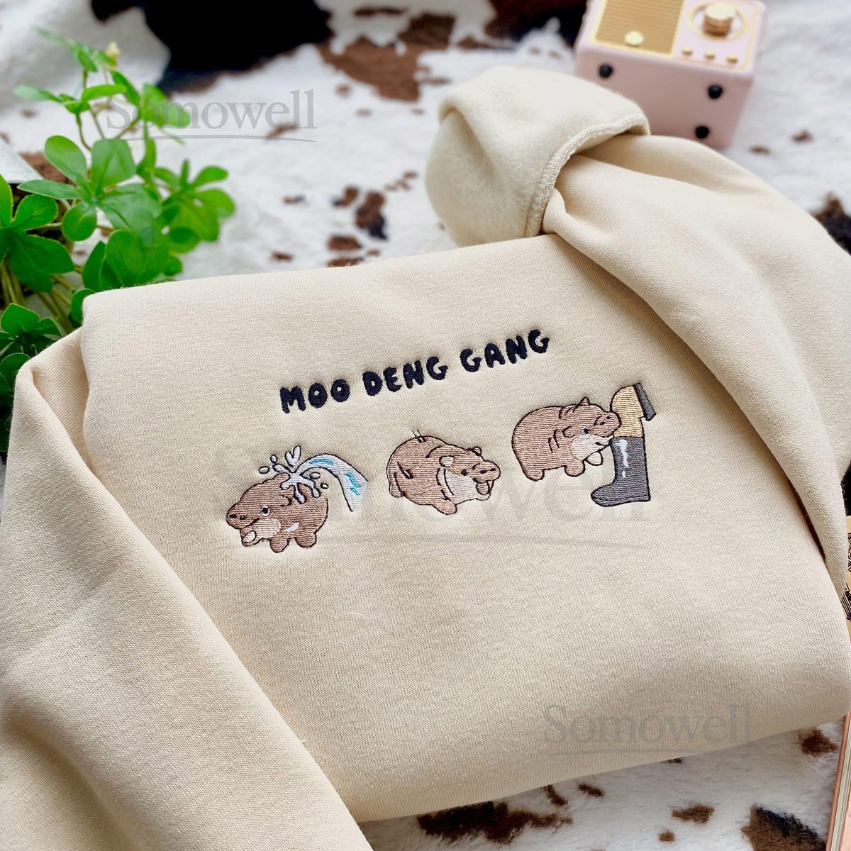 Moo Deng Embroidered Sweatshirt Cute Moo Deng Shirt Hippo Lover Gift Funny Baby Hippo Moo Deng Gang Embroidered Hoodie_126