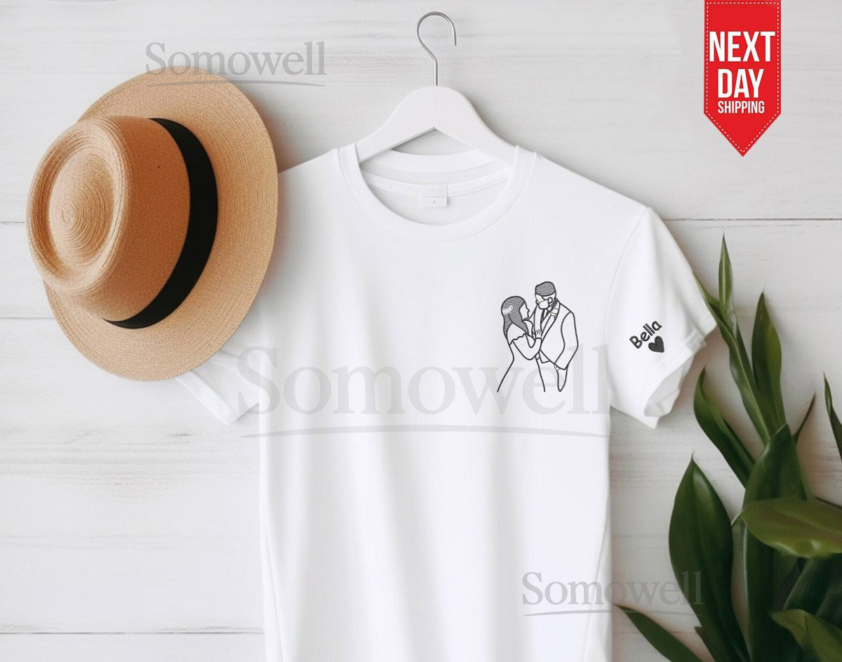 Embroidered Outline Portrait T Shirt Personalised Sketch from Photo Shirt Personalised Couple Initial Tees Family Matching Memorial Gift_89
