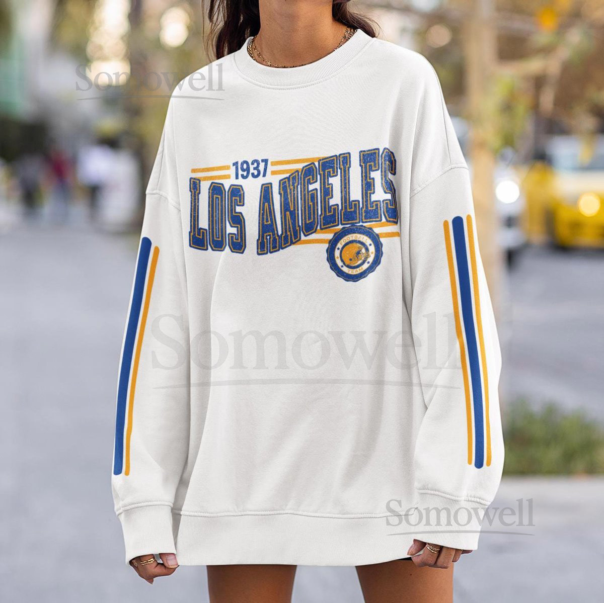 Los Angeles Football Retro Crewneck Sweatshirt Ram Retro Stripe Sleeve Sweatshirt LA Ram Unisex Shirt Game Day Shirt LA Ram Fan Gift_84