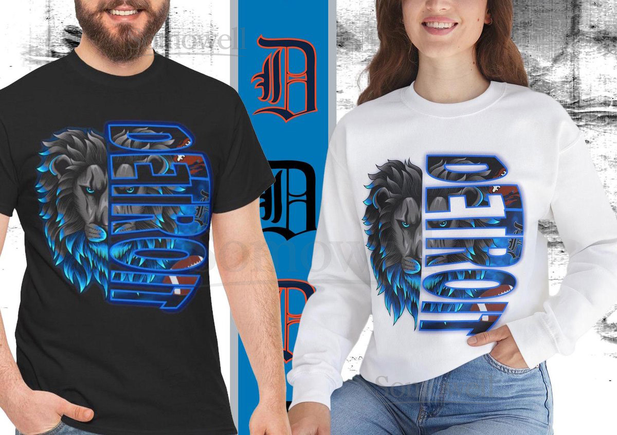 Lions T-shirt Sweatshirt Split Image Design Detroit Football Inspired T-Shirt Gift for Sports Fan - Unisex Heavy Cotton Tee_574
