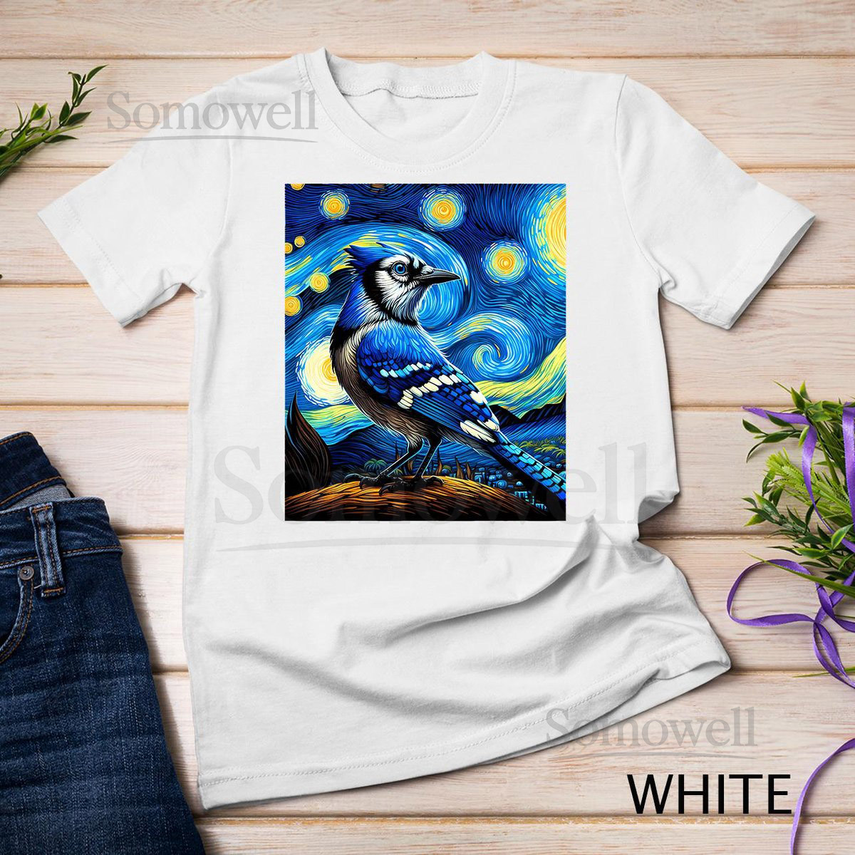 Blue Jay Under Starry Night Sky Art Graphic Christmas T-Shirt Sweatshirt_122
