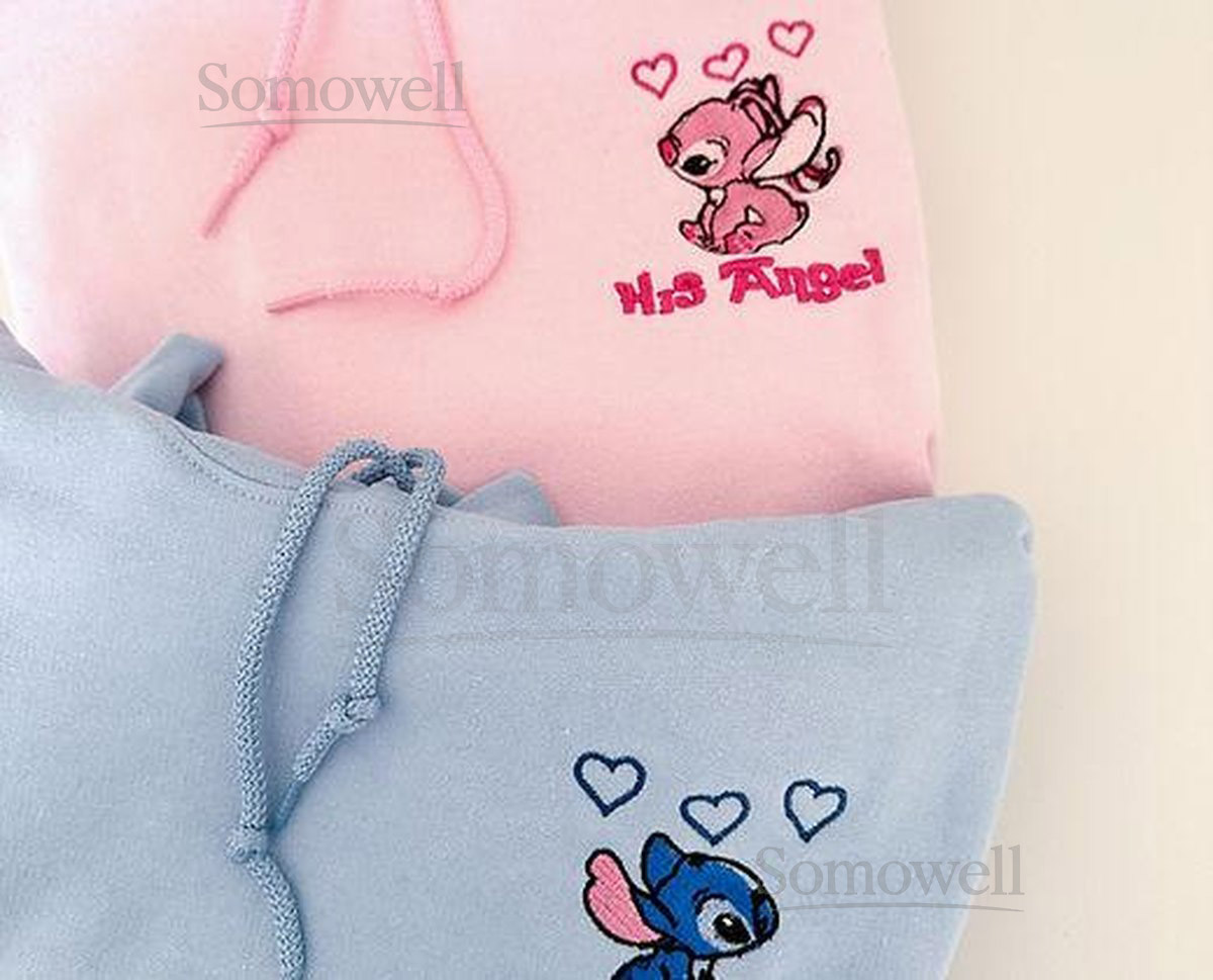 Stitch And Angel Embroidered Sweatshirt Disney Couple Cartoon Shirt Her Stitch His Angel Couple Embroidered Hoodies Anniversary Gift_153