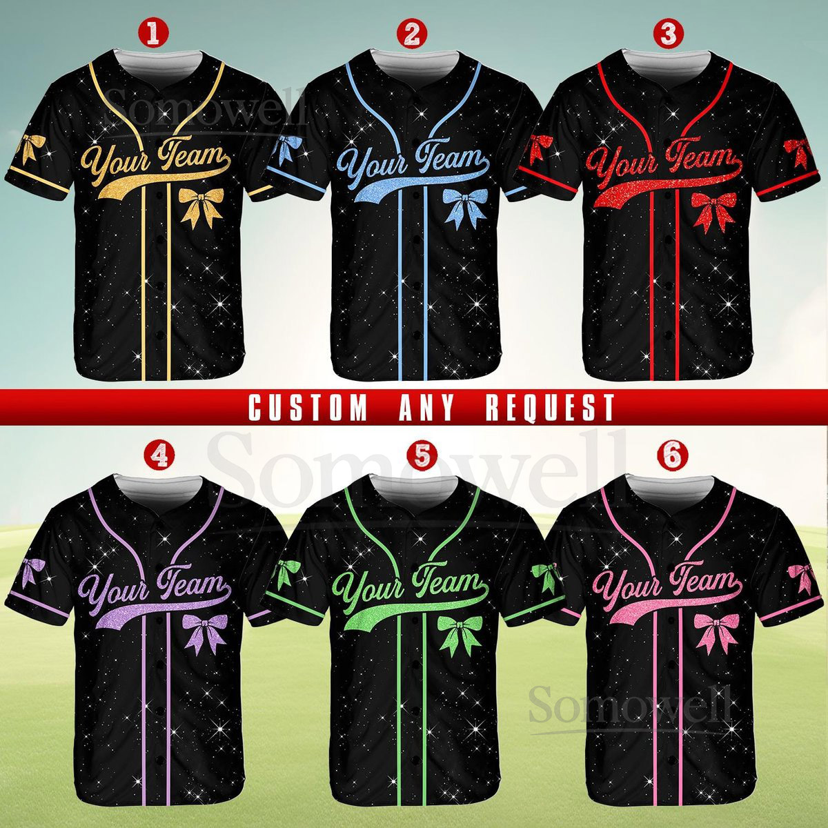Personalized Team Name Number Bow Ribbon Baseball Jersey Custom Cheer Baseball Jersey Glitter Jersey Printed Glitter Not Glitter Fabric_738