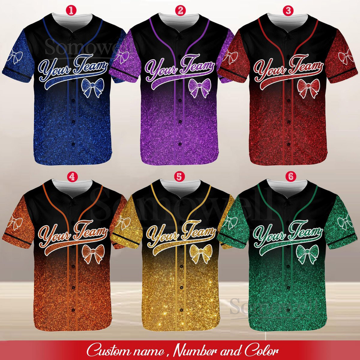Personalized Team Name Number Bow Ribbon Baseball Jersey Custom Cheer Baseball Jersey Glitter Jersey Printed Glitter Not Glitter Fabric_739