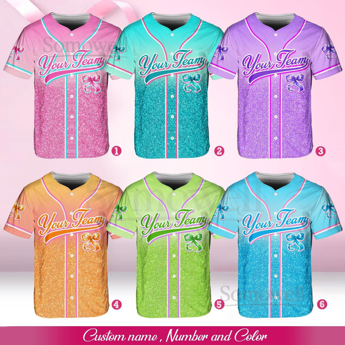 Personalized Team Name Number Bow Ribbon Baseball Jersey Custom Cheer Baseball Jersey Glitter Jersey Printed Glitter Not Glitter Fabric_740
