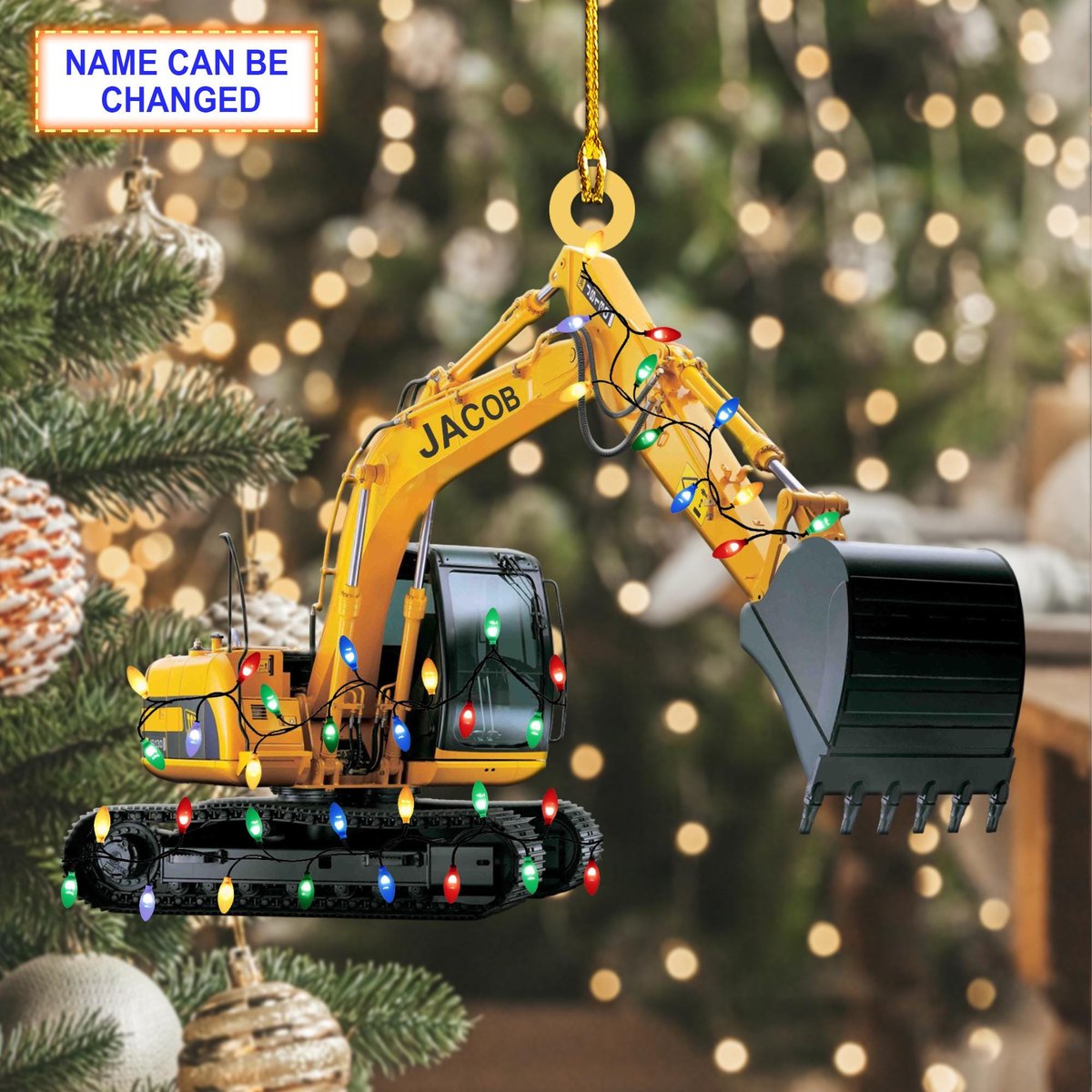 Custom Name Excavator Led Light V1 Christmas Ornament Vehicle Christmas Tree Hanging Decor Flat 2D Ornament AcrylicWooden