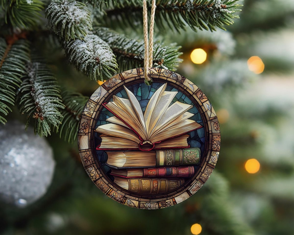 Vintage Books Stained Glass Christmas Ornament Book Lover Christmas Gift Circular Ceramic Ornament 2.76quot Library Decor Ornament Gift For Her