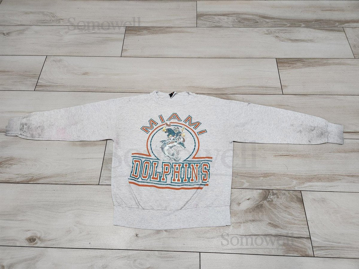 Vintage Miami Dolphins Gray Crew Neck Sweatshirt Mens L damaged_695