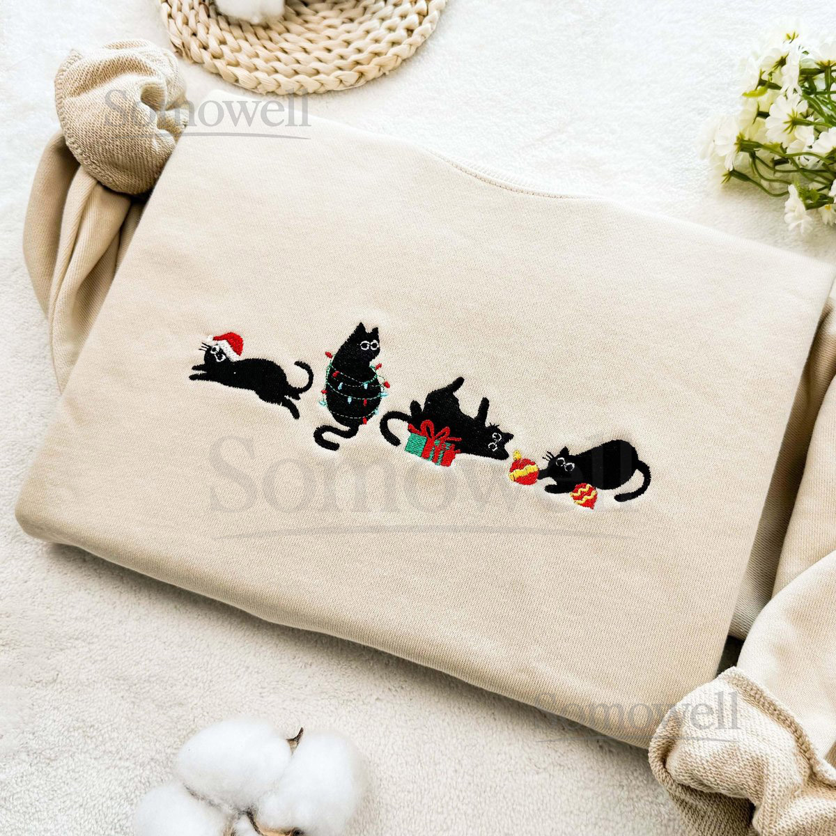Embroidered Christmas Cat Sweatshirt Funny Holiday Hoodie 100 Cotton Unisex Sweatshirt_64