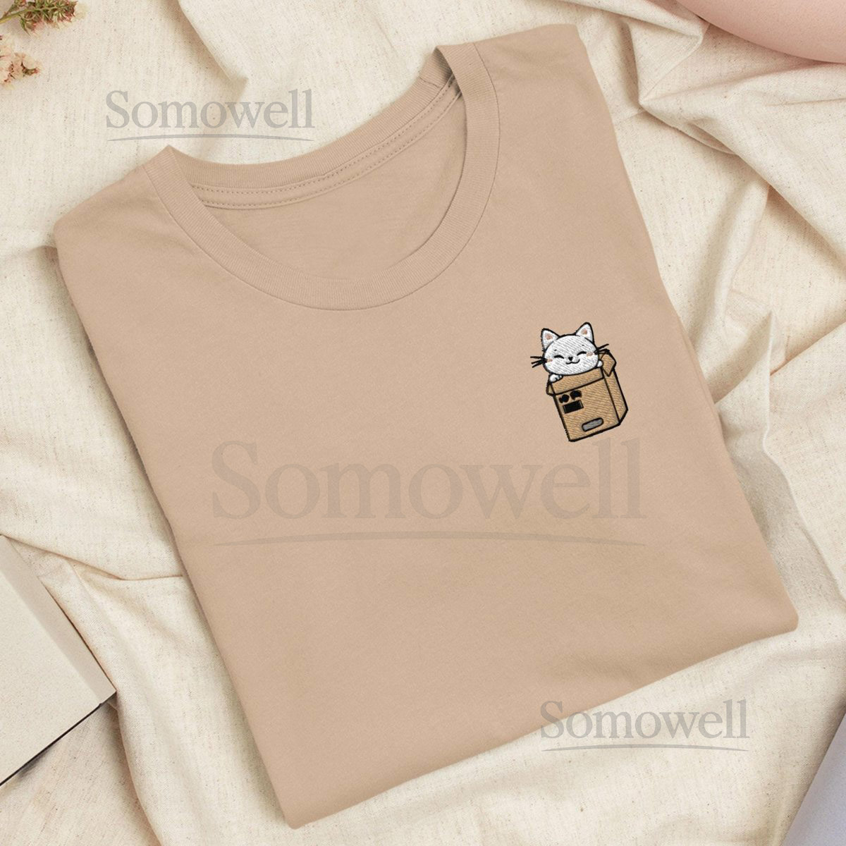 Cute Cat in a Box Embroidered T-Shirt Lightweight Cotton Unisex Fit_26