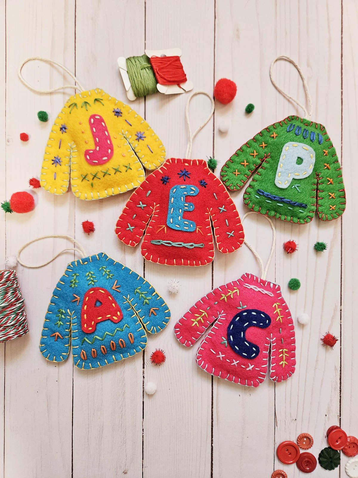Felt Ugly Christmas Sweater Ornament Personalized Initial Monogram