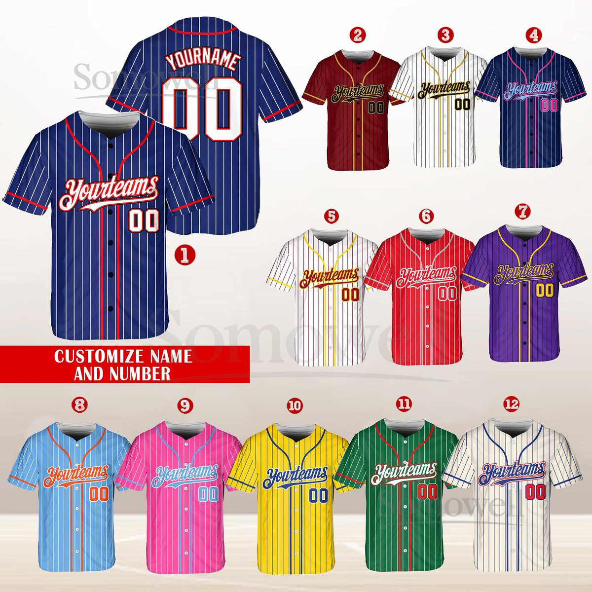 Personalized Team Name And Number Pinstripe Baseball Jersey Custom Stripe Line Color Baseball Jersey Baseball Jersey Uniform Baseball Fans_694