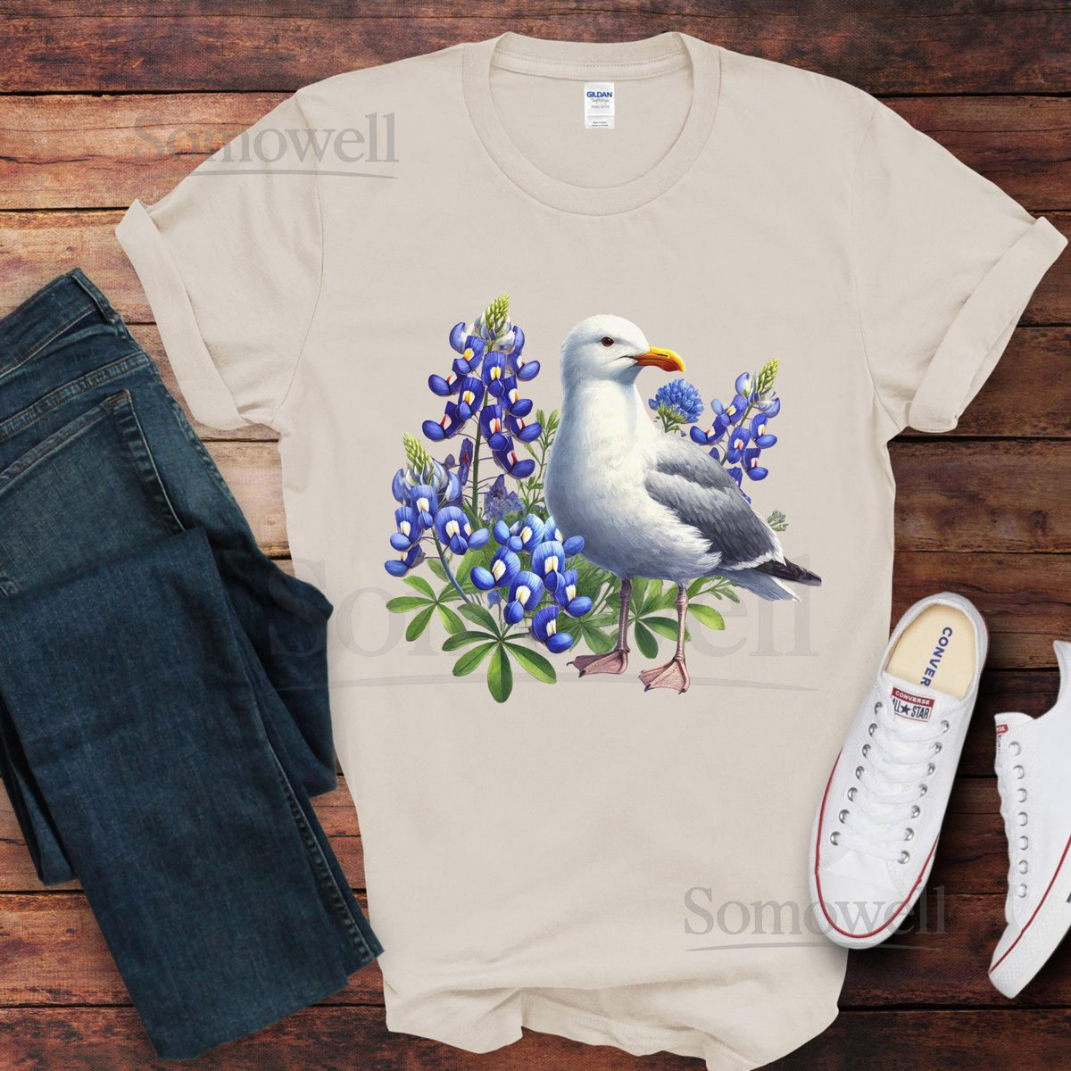 Utah State Bird and Flower T-Shirt California Gull and Bluebonnet Watercolor Design_643