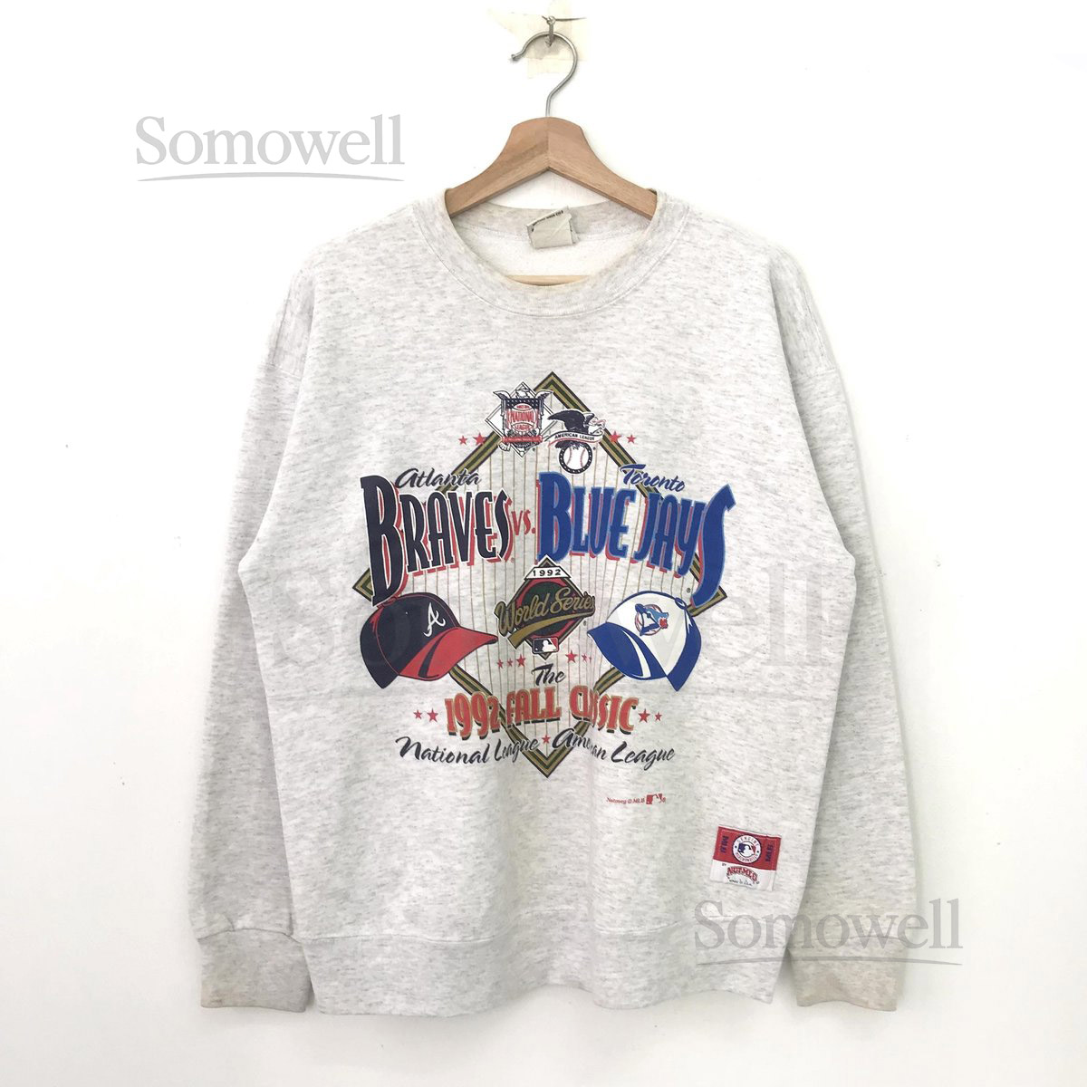 Vintage 90's Toronto Blue Jays Vs Atlanta Braves Gray Sweatshirt Large World Series National League Spell Out Sweater Mlb Sport Team Size L_1015