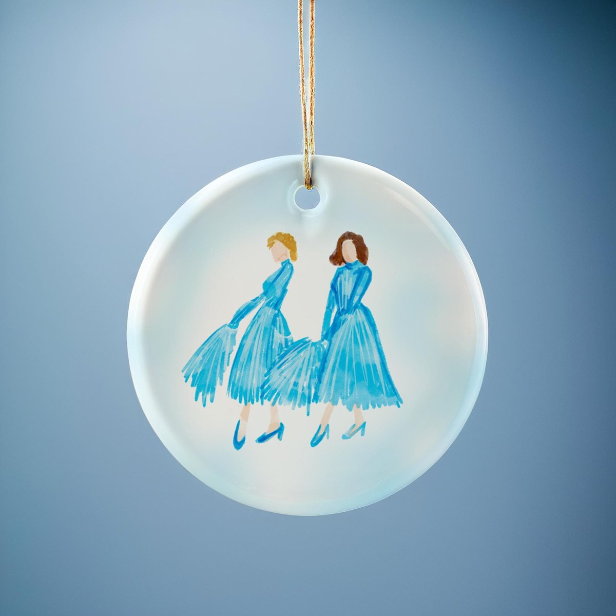 White Christmas Sisters Ornament With Original Illustration of Betty and Judy Haynes in Their Iconic Blue Costumes with Fans Holiday Decor