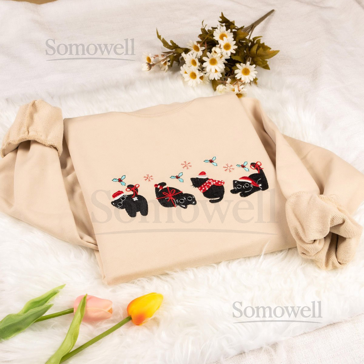 Embroidered Christmas Cat Sweatshirt 100 Cotton Crew Neck_63