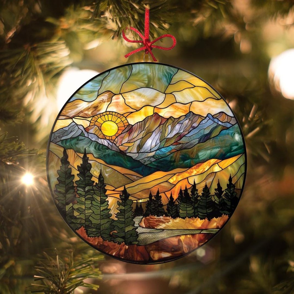 Mountain Range Stained Glass-Style Christmas Ornament - Made With Real Glass